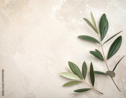 Two olive sprigs arranged on a textured beige surface, leaving ample negative space