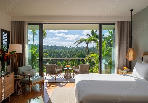 A luxurious bedroom with expansive views of a tropical landscape, showcasing a modern and calming ambiance.