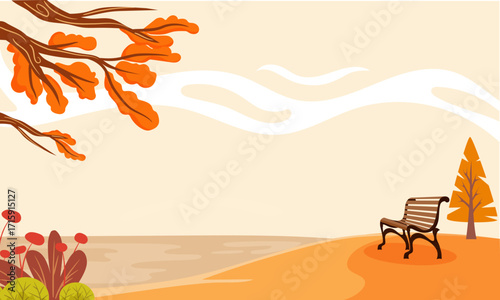 Illustration vector graphic of autumn park bench with trees and falling leaves, perfect for seasonal posters, greeting cards, invitations, and background design.