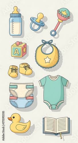 Colorful, flat illustration set of baby items, including a bottle, pacifier, rattle, bib, blocks, shoes, diaper, bodysuit, duck, and book, displayed in a pastel color palette.