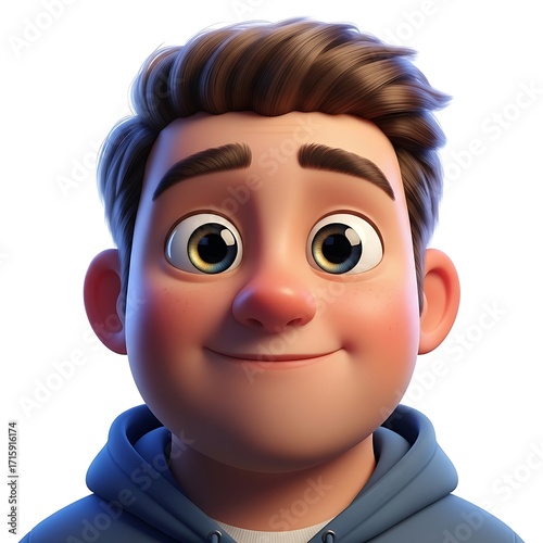 Close-up view of a cheerful, cartoon character boy, with expressive eyes and a friendly smile, wearing a light blue hoodie against a plain white background.