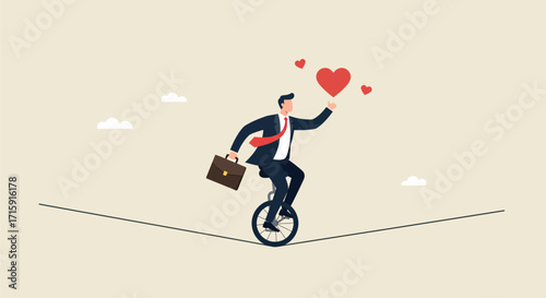 Businessman balancing on unicycle with hearts symbolizing work-life harmony