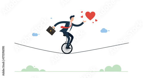 Businessman balancing on unicycle holding heart amid clouds and grass