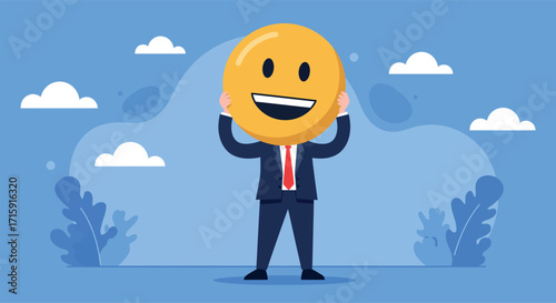 Smiley face emoji replacing head of businessman in suit