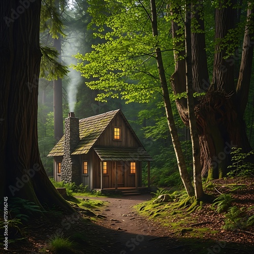 A cozy little cabin nestled in a tranquil forest, bathed in warm light.