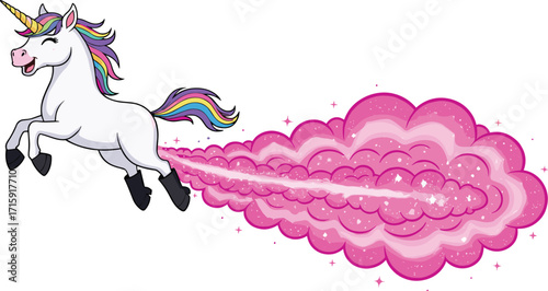 Cute magical unicorn cartoon character, rainbow mane fantasy horse, funny flying unicorn vector, colorful pink cloud sparkle trail illustration