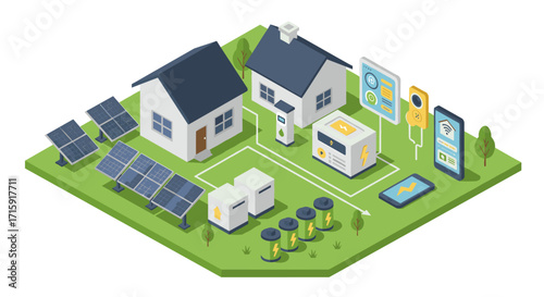 Renewable energy smart home concept vector illustration in isometric style for technology design