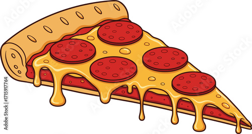 Delicious slice of pepperoni pizza, melted cheese illustration, fast food cartoon art, tasty cheesy snack, italian food design, yummy meal