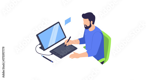 Digital art creation workspace vector illustration in isometric style