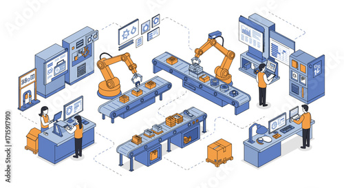 Isometric vector illustration of automated factory production line concept for technological innovation and efficiency design