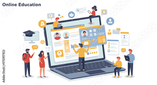 Online education concept vector illustration with people and technology for digital learning design