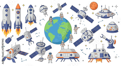 Space exploration vector illustration with rockets, satellites, and astronauts for educational and decorative purposes