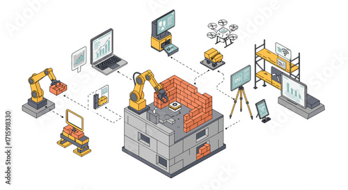 Isometric vector illustration of smart factory automation and robotics for technology design