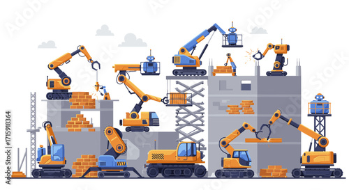 Construction site with heavy machinery and robots vector illustration for industrial design