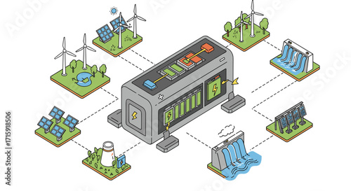 Isometric renewable energy vector illustration: solar, wind, and hydroelectric power integration concept