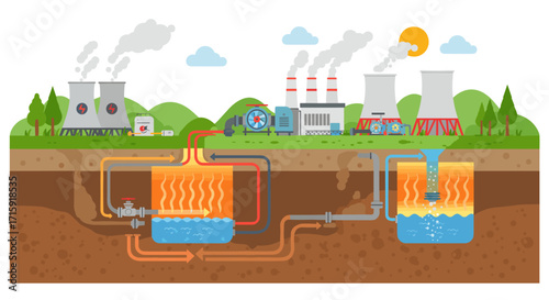 Geothermal energy vector illustration: power plant, renewable technology, environmental concept in flat style