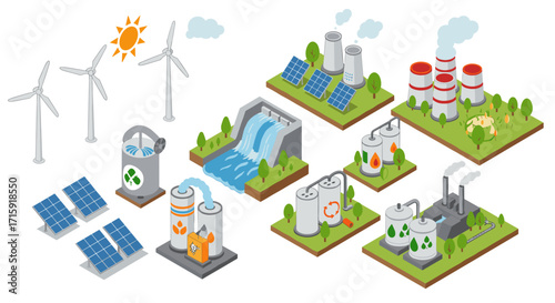 Renewable energy and industrial facilities isometric vector illustration for eco-friendly design projects