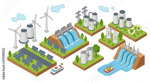 Sustainable energy sources and infrastructure vector illustration in isometric style for educational design