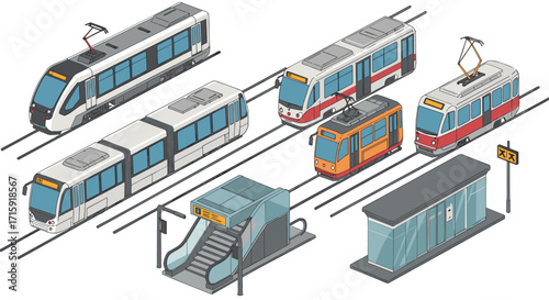 Public transport vehicles vector illustration: isometric urban transportation design
