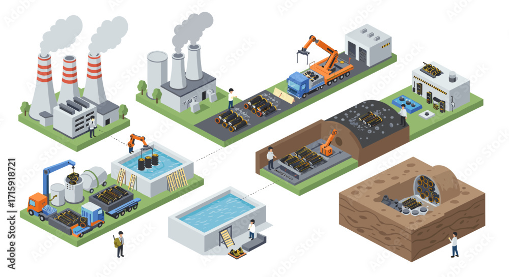 Naklejka premium Vector illustration of isometric oil extraction and refining process for industrial design
