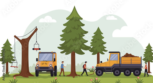 Forest logging scene with trucks and lumberjacks vector illustration for design projects