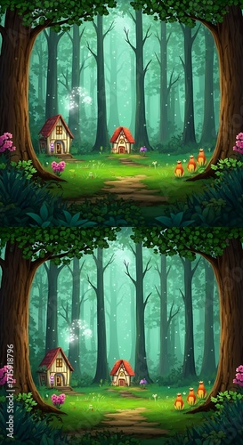Enchanting woodland glade with two charming houses nestled amidst tall trees.