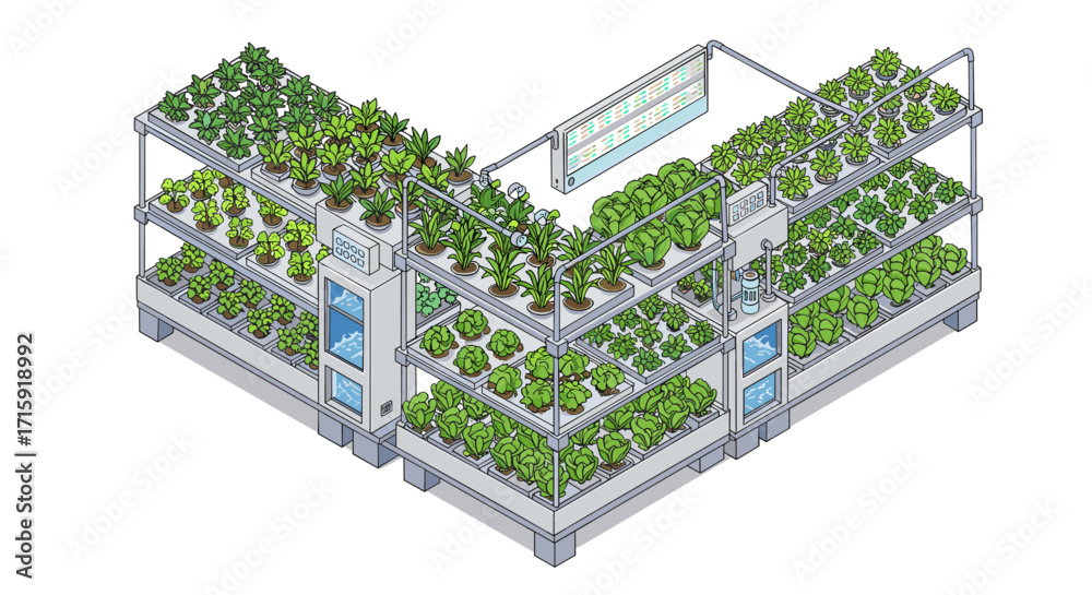 Naklejka premium Isometric vector illustration of indoor hydroponic farm with diverse vegetation for agricultural design