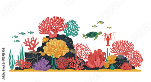 Underwater coral reef ecosystem with marine life vector illustration for posters and cards
