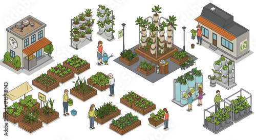 Urban garden concept vector illustration - isometric design for community gardening projects