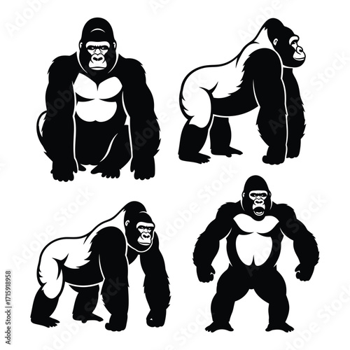 Majestic gorillas set four powerful primate poses fierce wildlife art silhouette