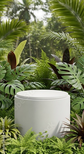 Empty white pedestal surrounded by lush tropical foliage, creating a vibrant and natural presentation space.