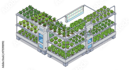 Isometric vector illustration of indoor hydroponic farm with diverse vegetation for agricultural design