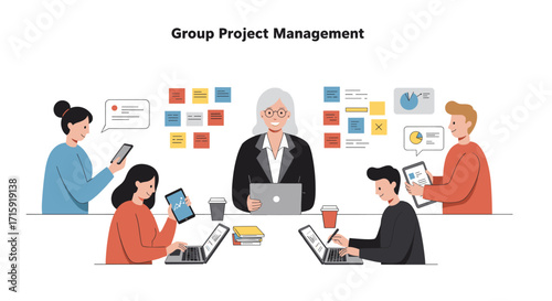 Collaborative office meeting vector illustration for team project management and workflow efficiency in flat style