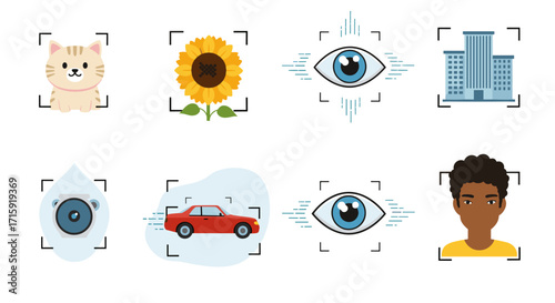 Diverse vector illustration of cat, sunflower, eye, building, drop, camera, car, and person in flat design