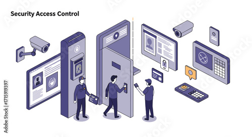 Isometric vector illustration of security access control system for safety design