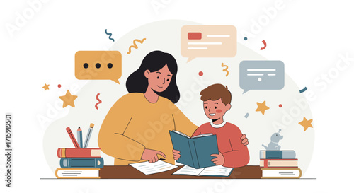 Parent and child reading together in learning environment vector illustration for educational design