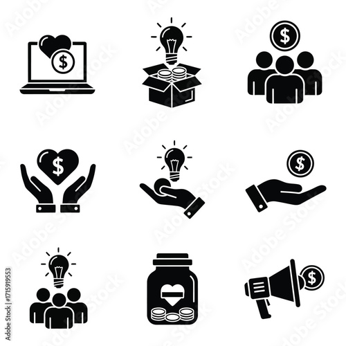 Set of 9 silhouette icons representing fundraising charity and business ideas concepts silhouette