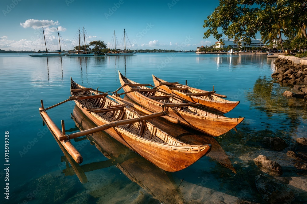Obraz premium Outrigger boats on peaceful reflective water embody timeless stability perfect for travel promotions