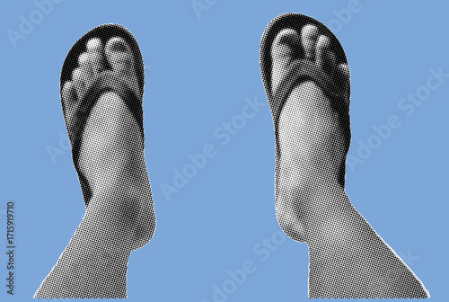close up of feet wearing flip flops pixelate grayscale color halftone dotted texture style collage element isolated on blue background