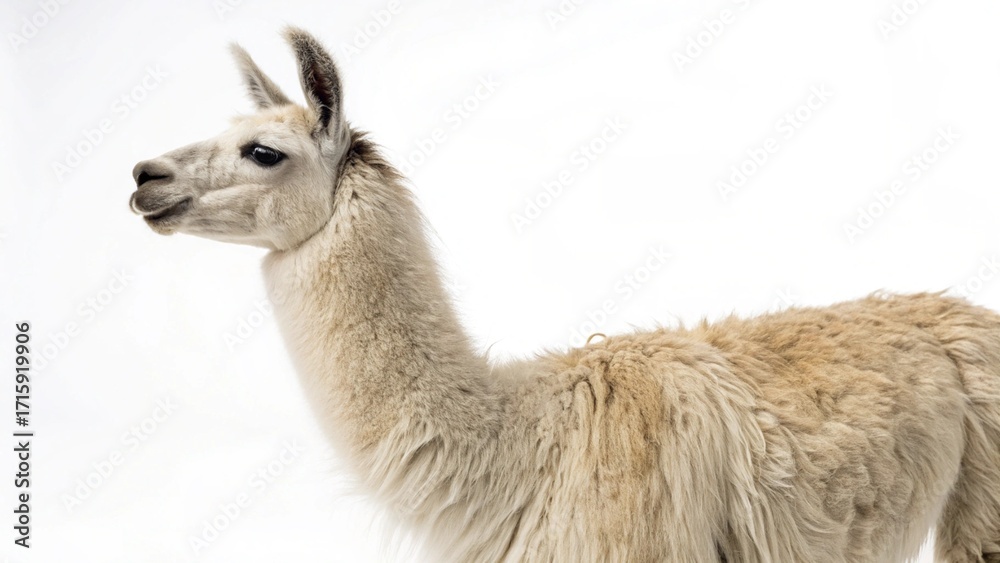 Obraz premium Llama standing calmly on a clean white studio background, showcasing thick wool and gentle expression, sharp focus, and professional studio lighting