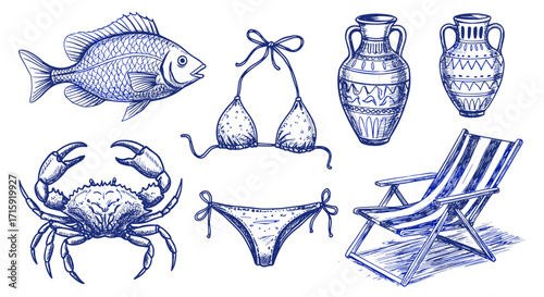 Hand drawn vector illustration of beach vacation objects including swimwear, sea life, and pottery for summer design