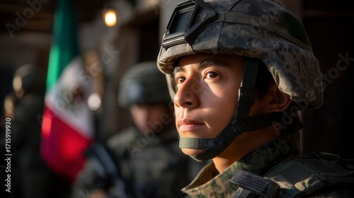 Focused young male soldier wearing combat helmet with night vision goggles in military base with flag background defense service