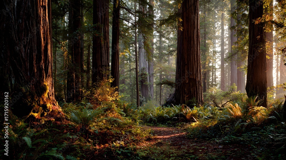 Fototapeta premium Redwood tree trunks rise tall in a glowing damp grove with textured bark and moss.
