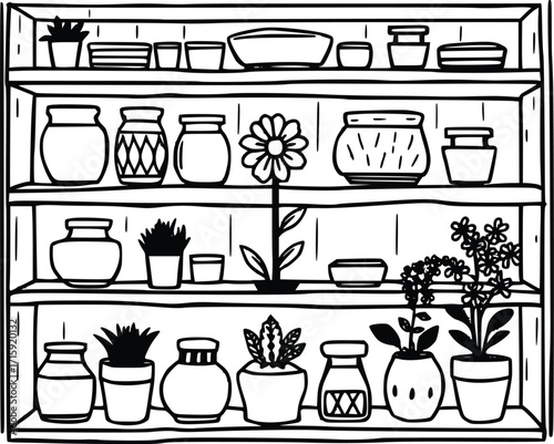 Line Illustration of Organized Shelf with Plants 