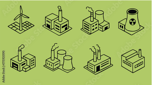 Power plant icons with renewable nuclear and industrial energy sources