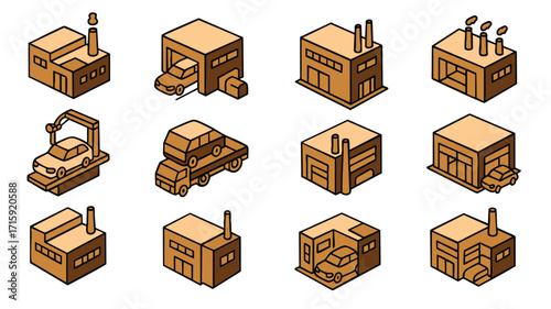 Factory building icons with warehouses workshops and production facilities