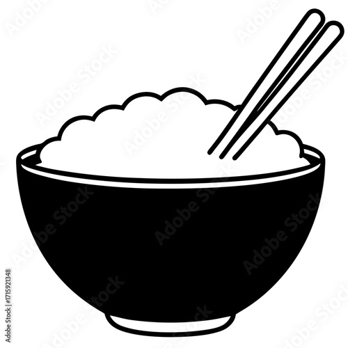 Rice bowl with chopsticks, black silhouette (Black Vector / Illustration Style)