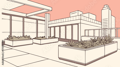 Modern rooftop garden with city view offers relaxing escape, perfect for urban lifestyle visuals