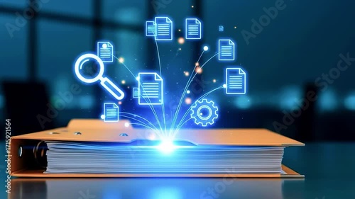 Digital transformation concept with glowing documents emerging from an orange binder in a modern office