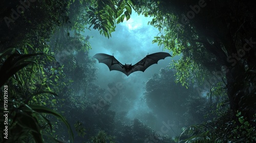 Fototapeta Naklejka Na Ścianę i Meble -  Dark, mysterious bat in a lush jungle
